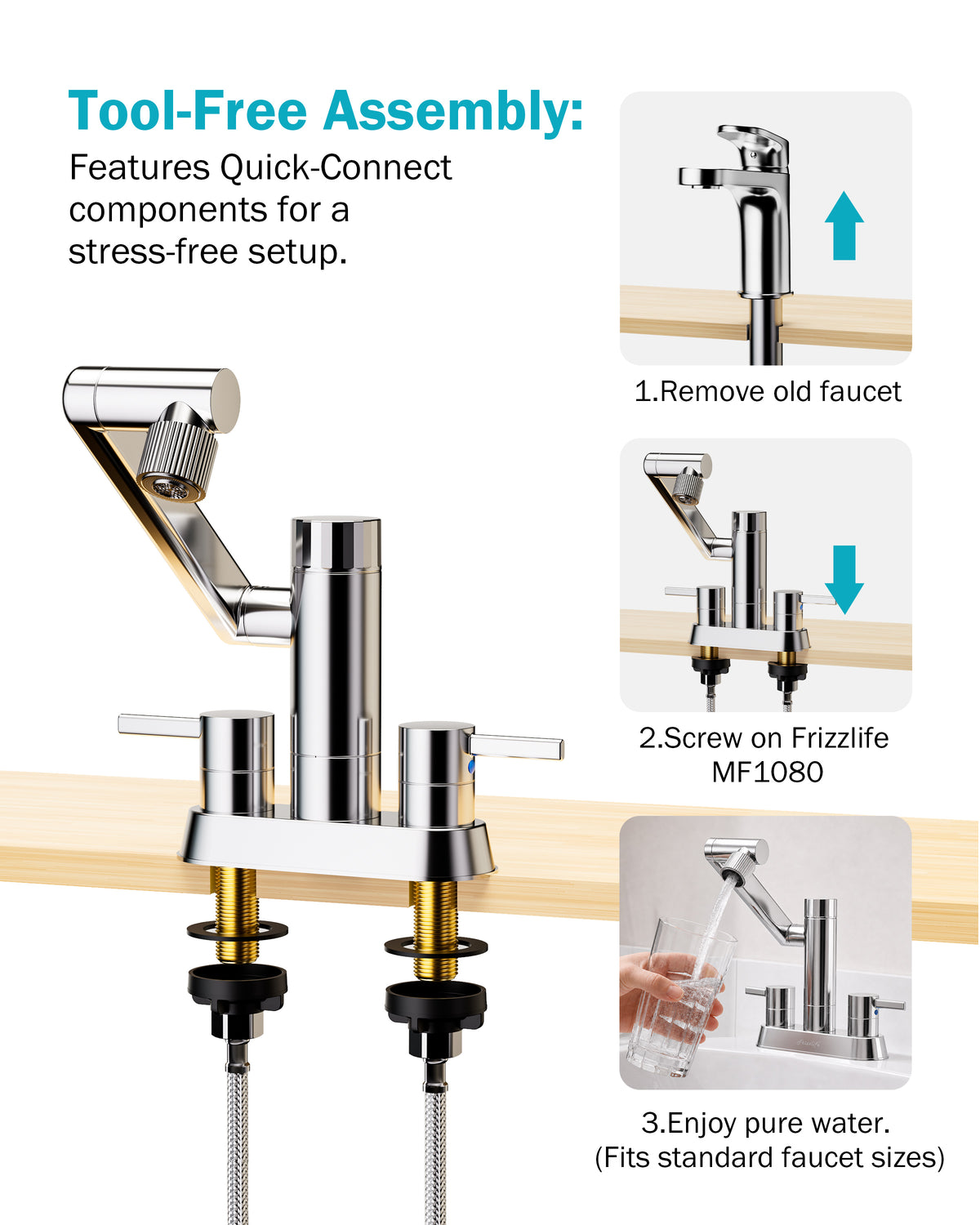 Frizzlife MF1080-D Series Bathroom & Kitchen Faucet with Water Filter, Polished Chrome