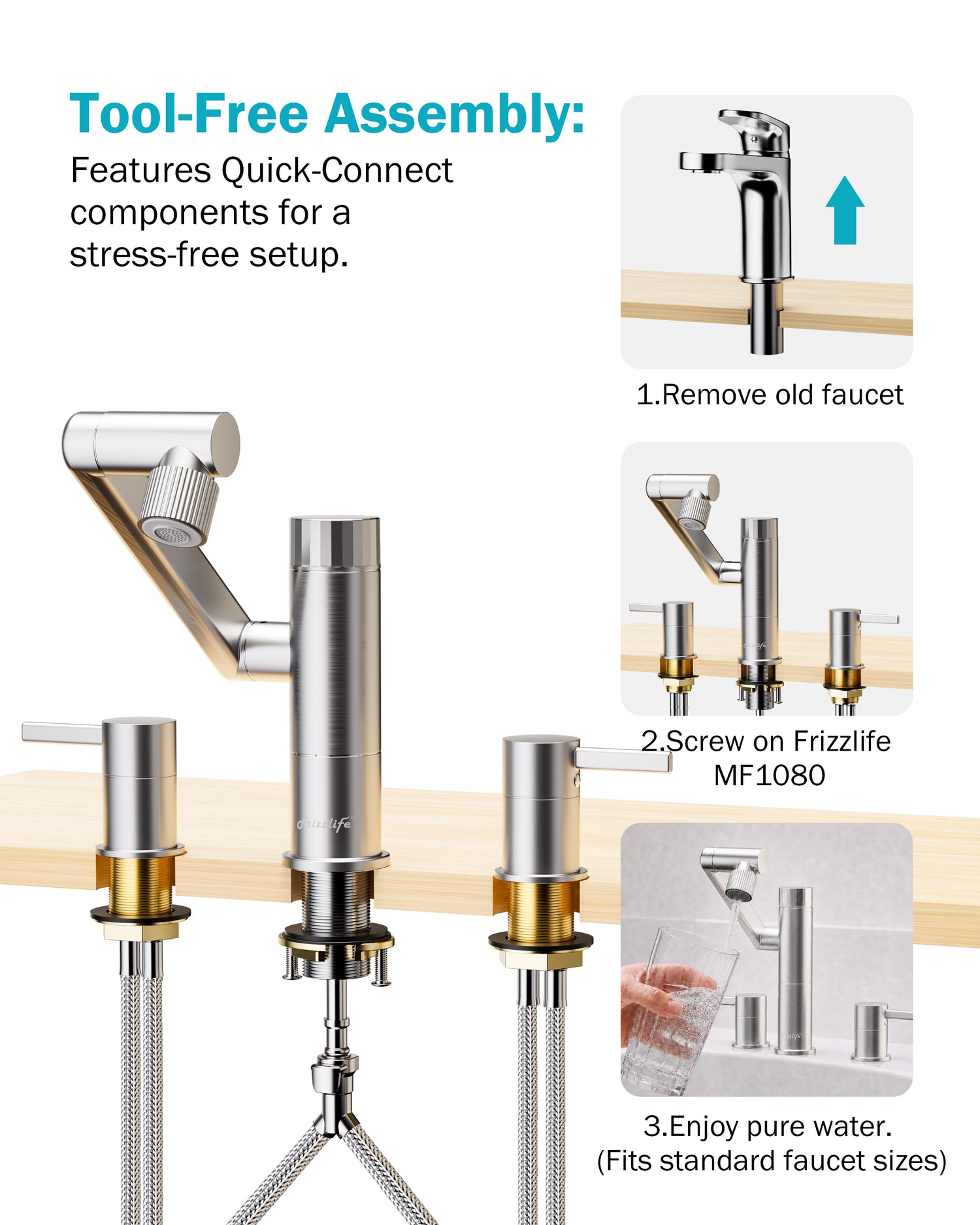 Frizzlife MF1080-X Series Bathroom & Kitchen Faucet with Water Filter, Brushed Nickel