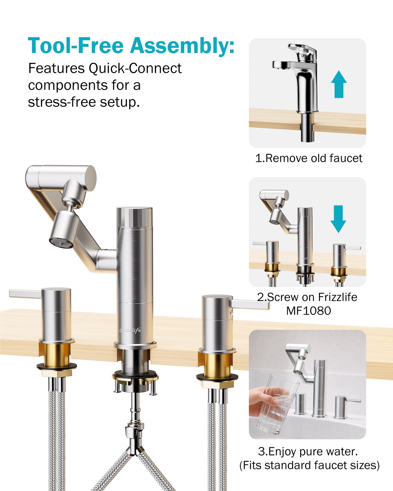 Frizzlife MF1080-X Series Bathroom & Kitchen Faucet with Water Filter, Brushed Nickel, 360° Swivel Aerator