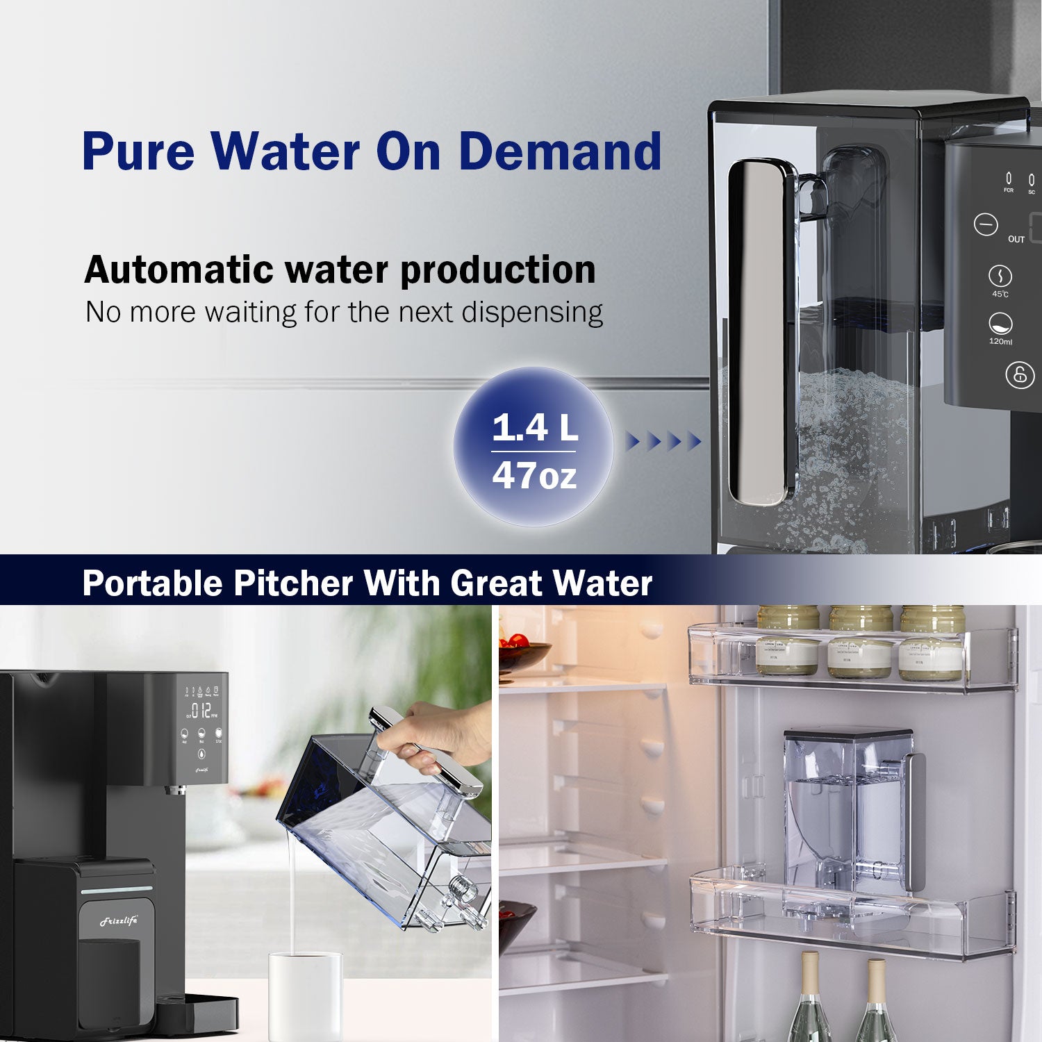 Sistema de ósmosis inversa de encimera Frizzlife WB99, filtro de agua alcalina RO con jarra portátil, elementos con certificación NSF/ANSI 58, monitoreo de TDS y vida útil del filtro, sin instalación. Soporte técnico en EE. UU.
