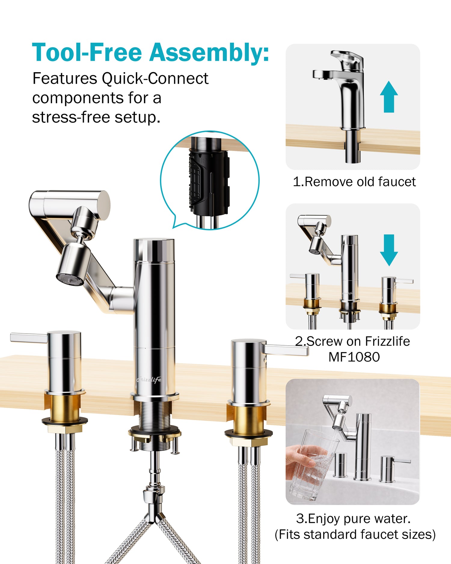Frizzlife MF1080-X Series Bathroom & Kitchen Faucet with Water Filter, Polished Chrome, 360° Swivel Aerator