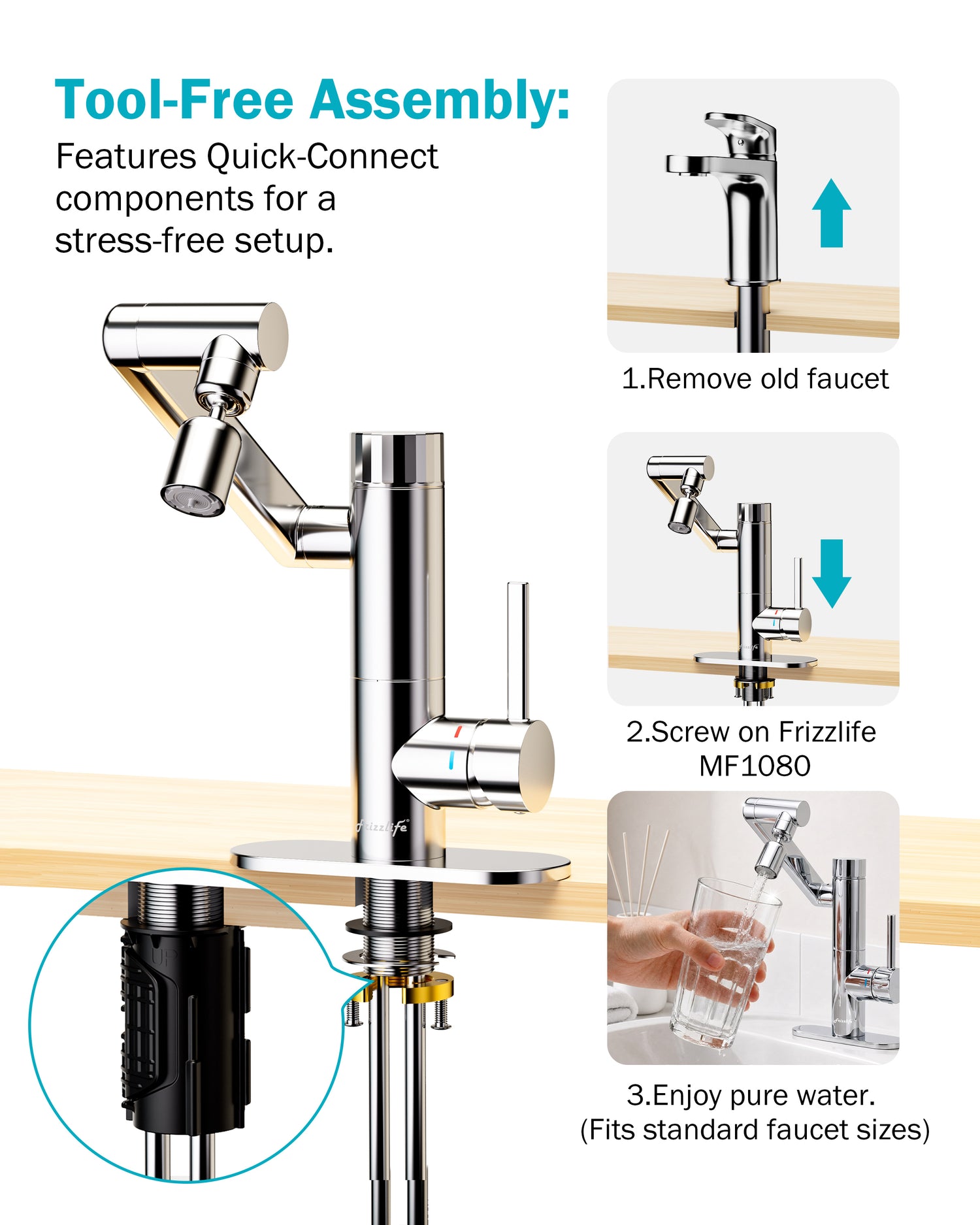 Frizzlife MF1080-S Series Bathroom & Kitchen Faucet with Water Filter, Polished Chrome, 360° Swivel Aerator