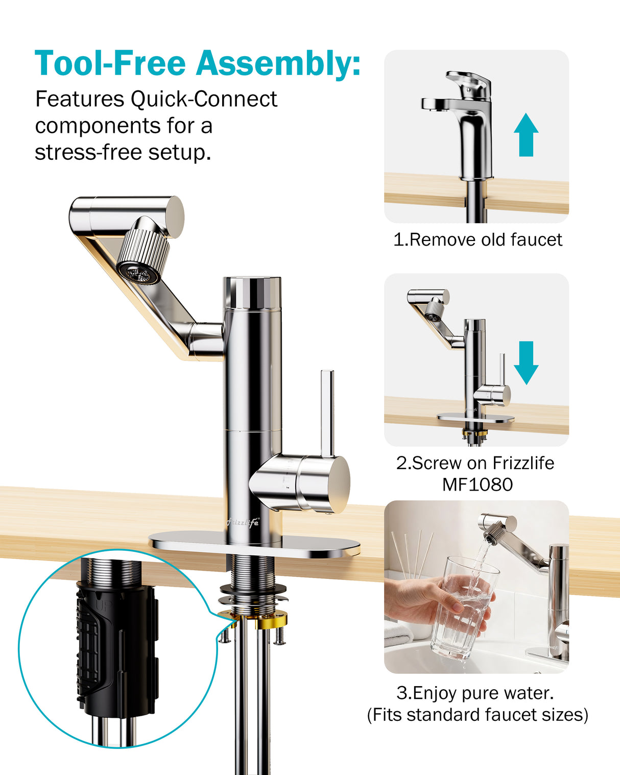 Frizzlife MF1080-S Series Bathroom & Kitchen Faucet with Water Filter, Polished Chrome