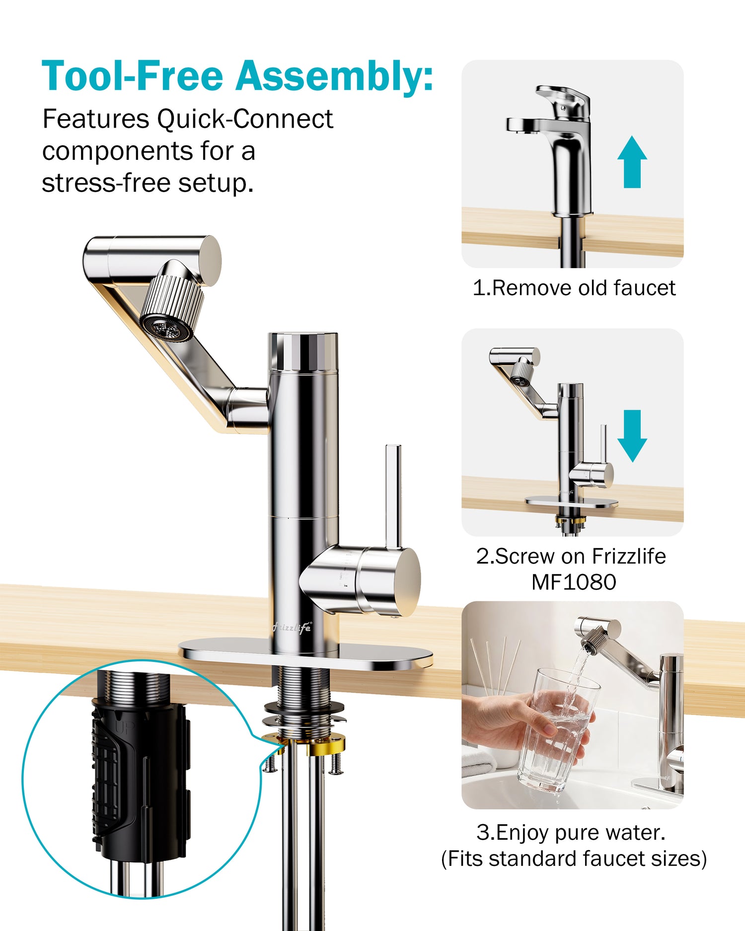 Frizzlife MF1080-S Series Bathroom & Kitchen Faucet with Water Filter, Polished Chrome