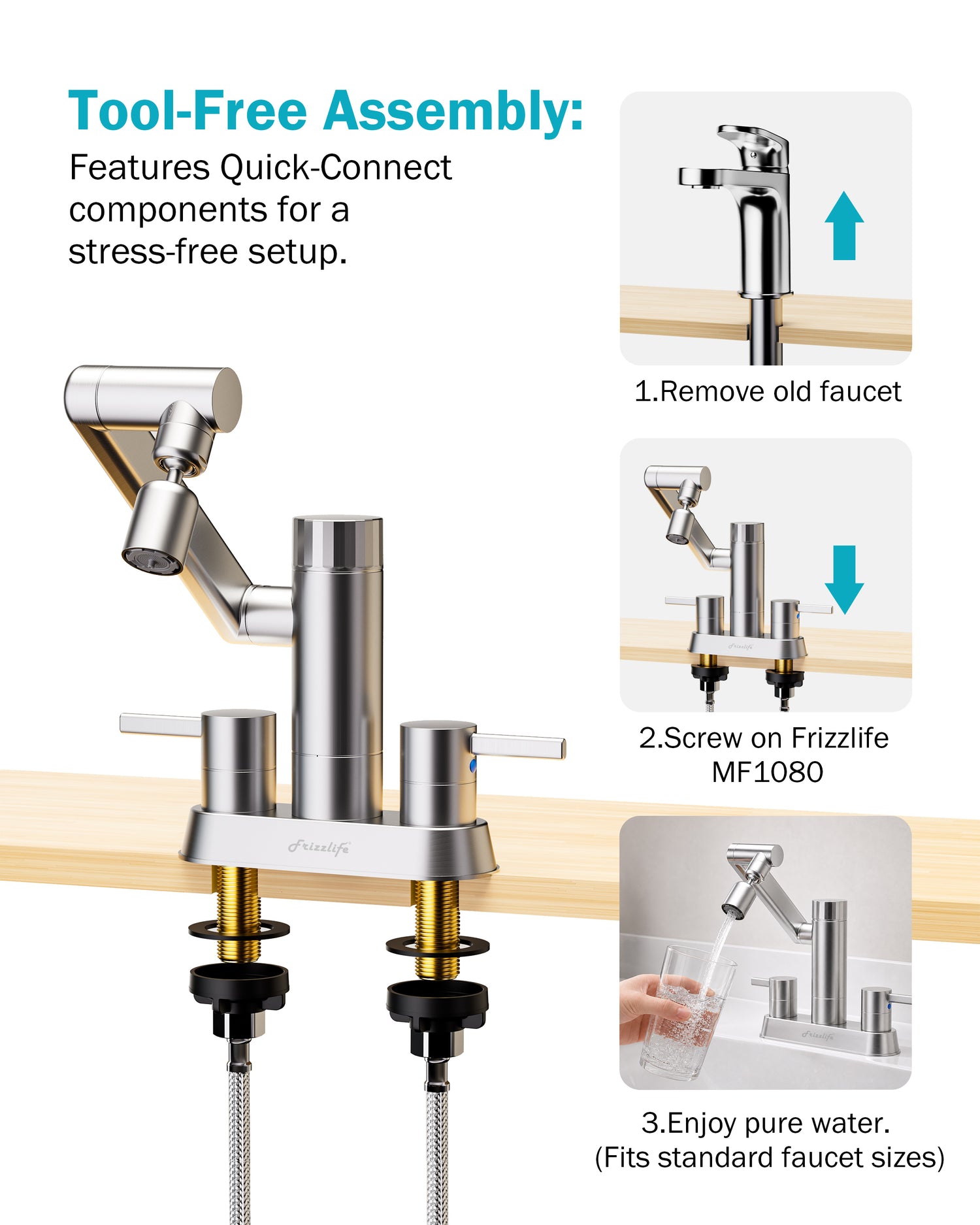 Frizzlife MF1080-D Series Bathroom & Kitchen Faucet with Water Filter, Brushed Nickel, 360° Swivel Aerator