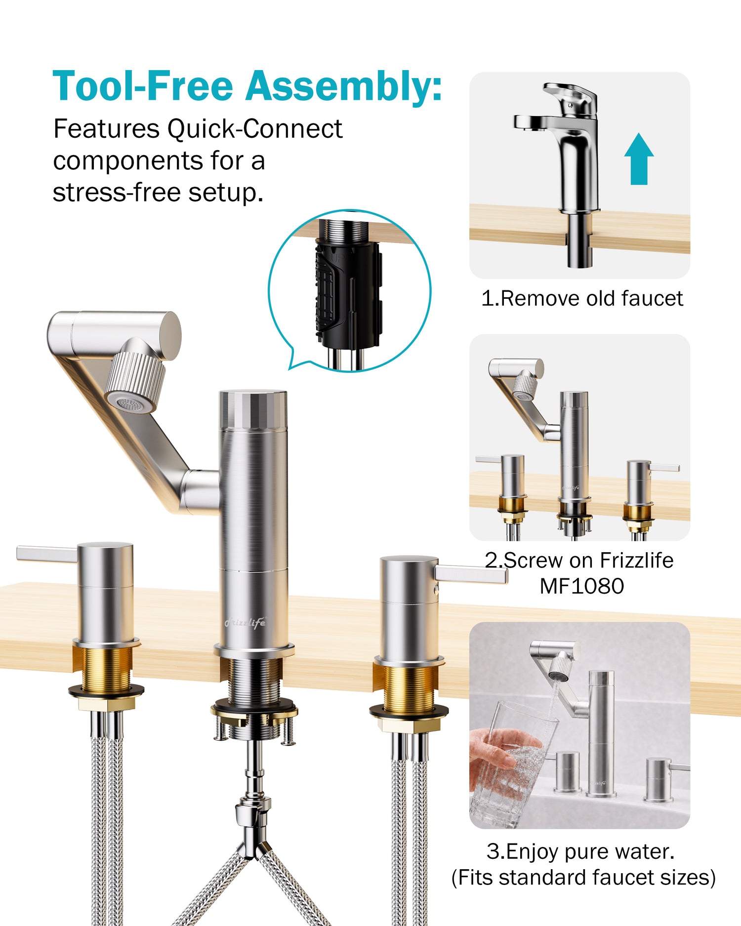 Frizzlife MF1080-X Series Bathroom & Kitchen Faucet with Water Filter, Brushed Nickel