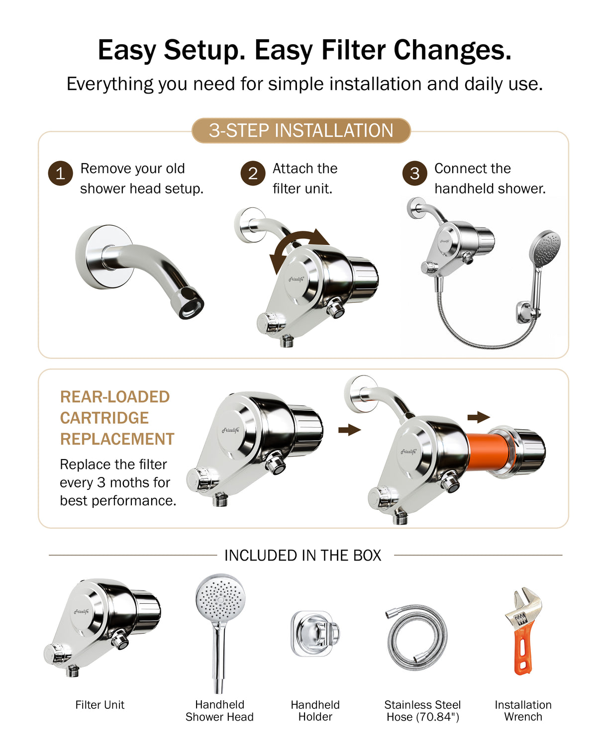 Frizzlife Dual-Outlet Shower Filter with Handheld Sprayer, Keeps Existing Fixed Shower Head, Both Heads Get Filtered Water, High Pressure 3-Mode, 210g KDF-55 and Calcium Sulfite, Reduces Chlorine