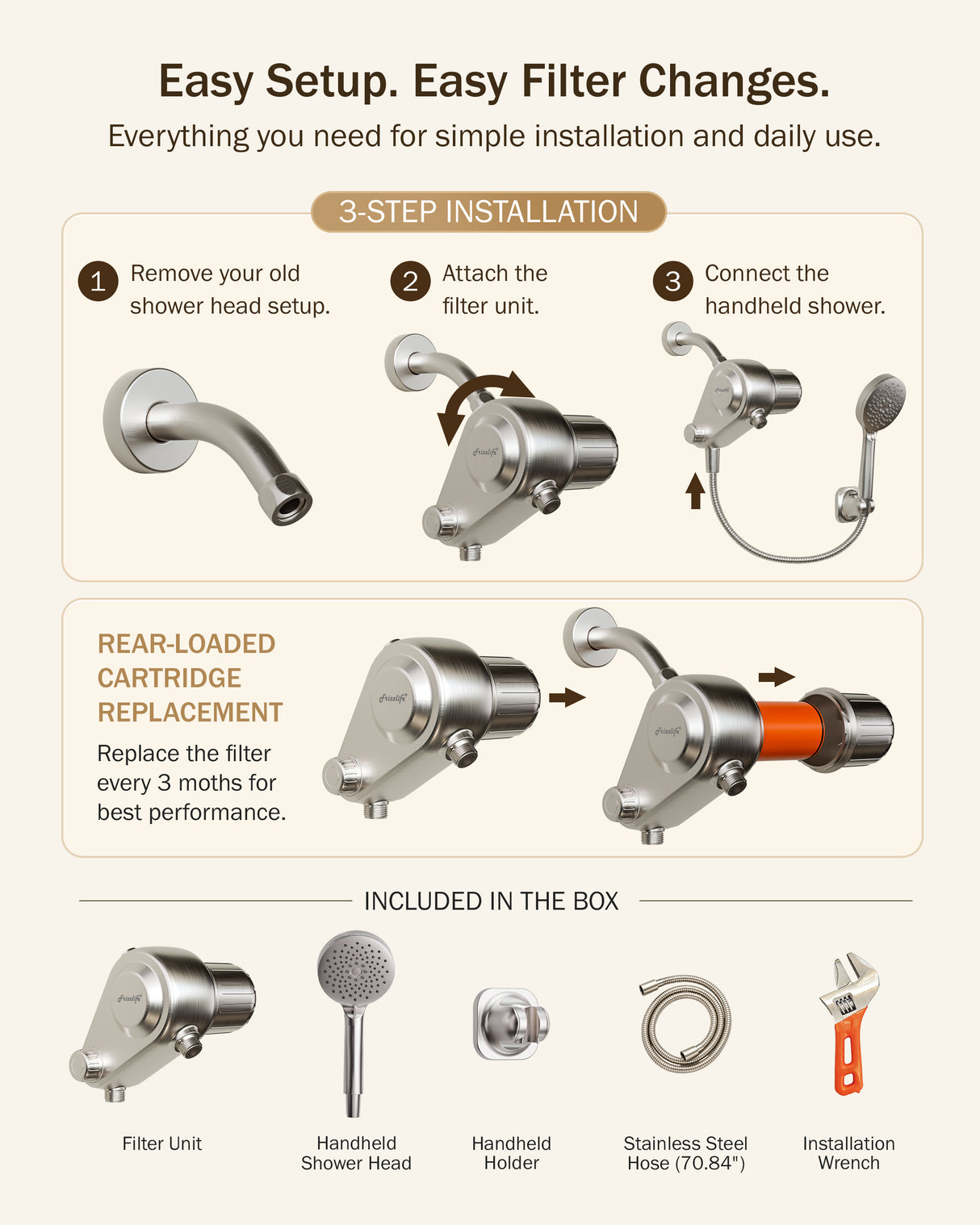 Frizzlife Dual-Outlet Shower Filter with Handheld Sprayer, Keeps Existing Fixed Shower Head, Both Heads Get Filtered Water, High Pressure 3-Mode, 210g KDF-55 and Calcium Sulfite, Reduces Chlorine