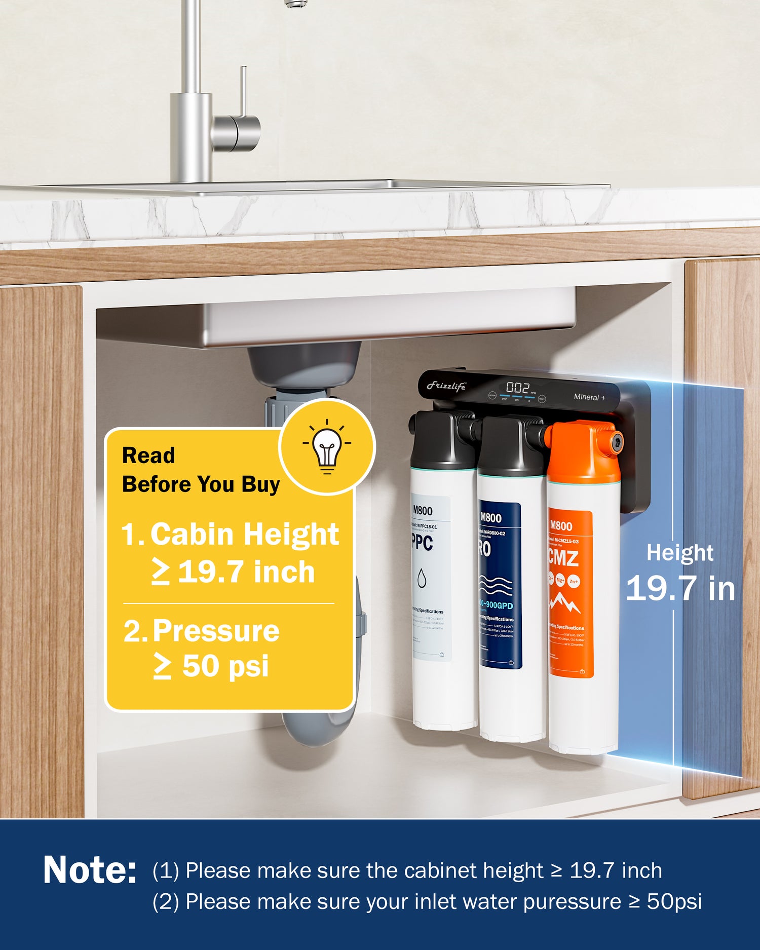 Frizzlife M800 Non-Electric Tankless Reverse Osmosis Water Filter, up to 900GPD Alkaline Mineralized RO Water Filtration System, Huge Filter with Auto Flush, NSF/ANSI 58&372, 4:1 Pure to Drain