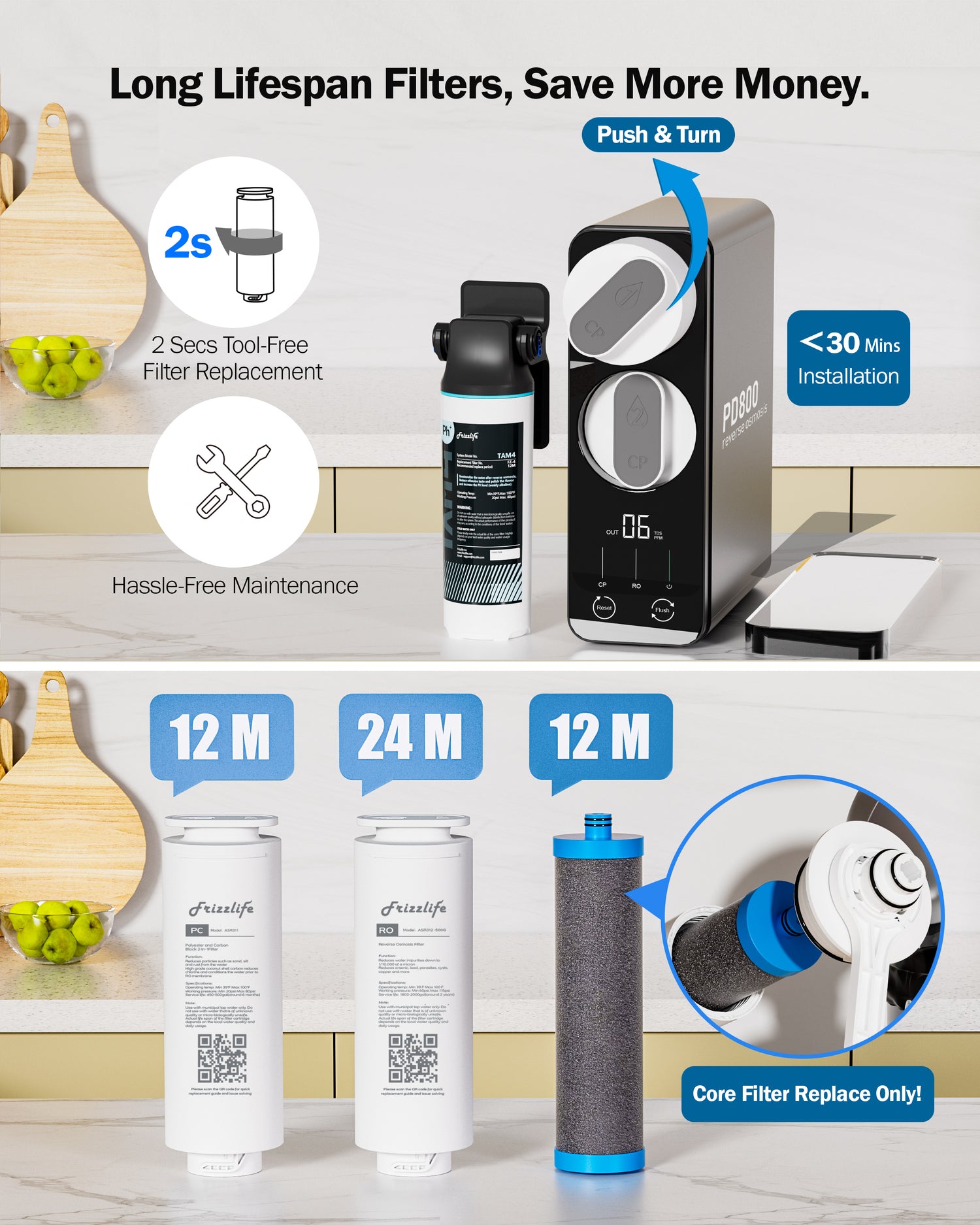 Frizzlife 800GPD Reverse Osmosis Water Filter, NSF/ASNI 58&42&372 Standard, Alkaline Mineral pH+ Tankless Reverse Osmosis System, 9-Stage Under Sink RO, 2:1 Pure to Drain, Smart Faucet, PD800-N