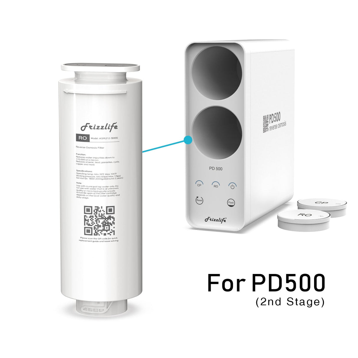 FRIZZLIFE ASR212-500G RO Cartouche filtrante de rechange pour système de filtre sous évier PD500 RO (2e étage)