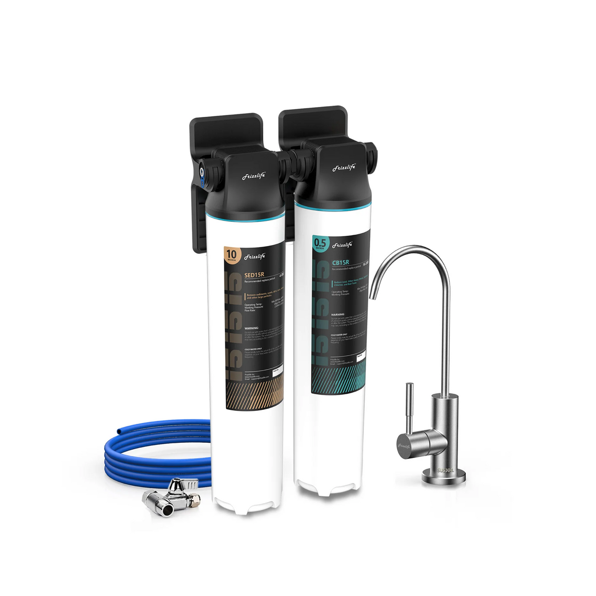 Système de filtration d'eau sous évier Frizzlife DW10F/DW15F avec robinet en nickel brossé, éléments certifiés NSF/ANSI 53 et 42