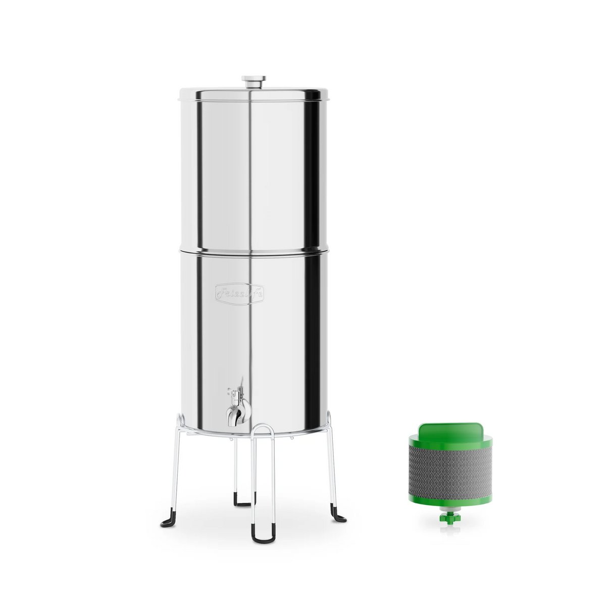 Sistema de filtración de agua por gravedad Frizzlife G210-PRO. Elemento con certificación NSF que reduce el 99.9 % de plomo, cloro, metales pesados, mal sabor y olor, e impurezas. Incluye soporte de acero inoxidable para beber y viajar. Peso: 2.25 g.