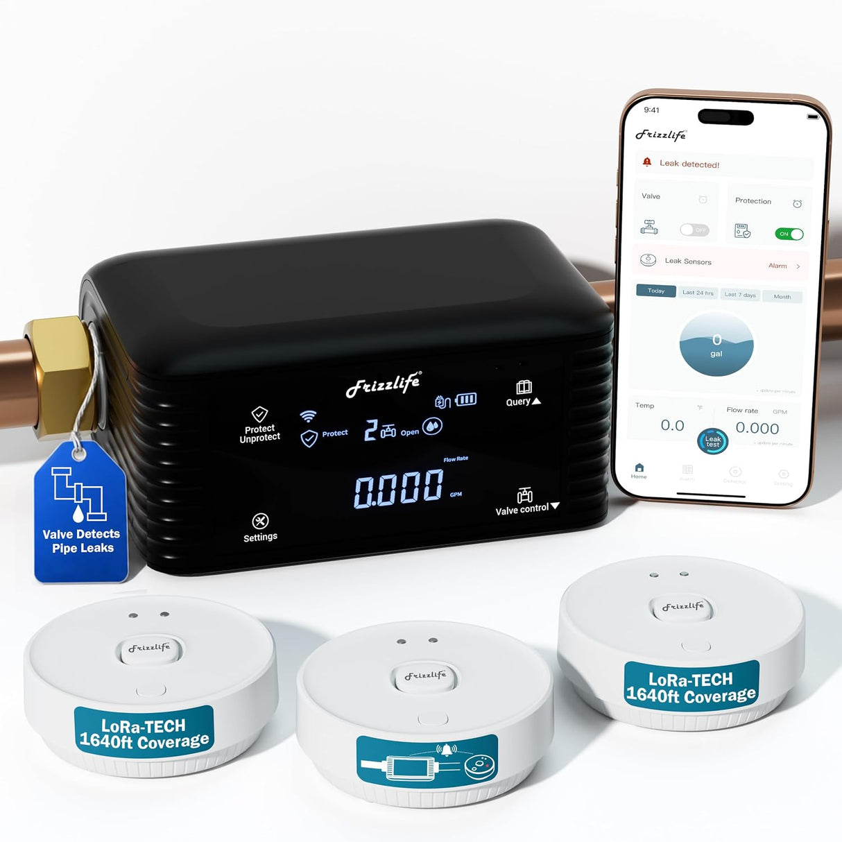 Frizzlife Smart Water Monitor & Automatic Shutoff System with 3 Leak Sensors, LPG365-3S