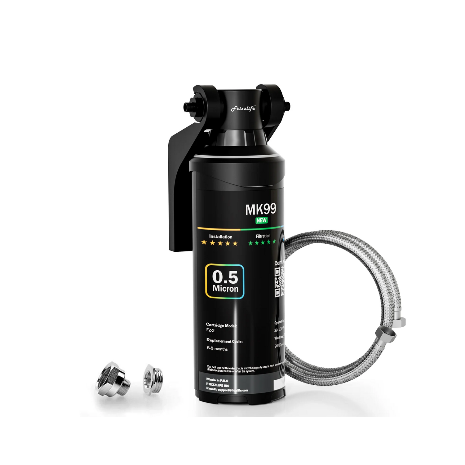 Wasserfiltersystem mit Frizzlife-Filter (NSF/ANSI 53 & 42), 0,5 μm. Direkt unter der Spüle installiert. Reduziert Chlor, schlechten Geruch, Geschmack und schwarze Partikel. Für sauberes und gesundes Trinkwasser.