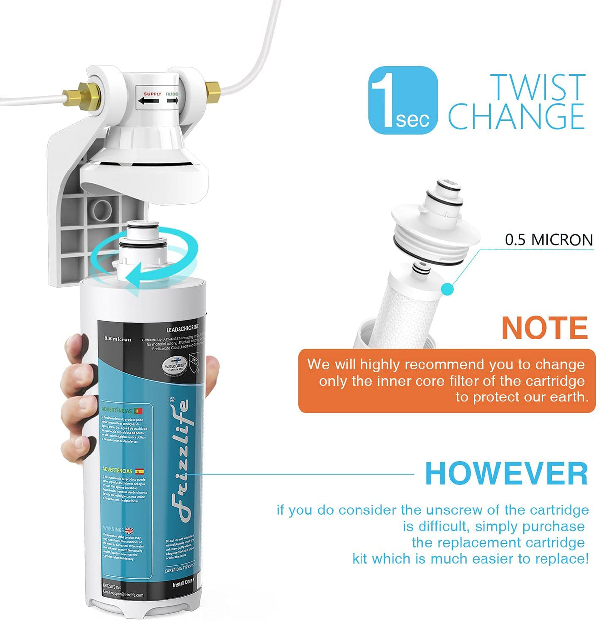 Kit de cartucho de filtro de repuesto Frizzlife MS-HF para MS99 - Incluye cartucho de filtro y carcasa de filtro