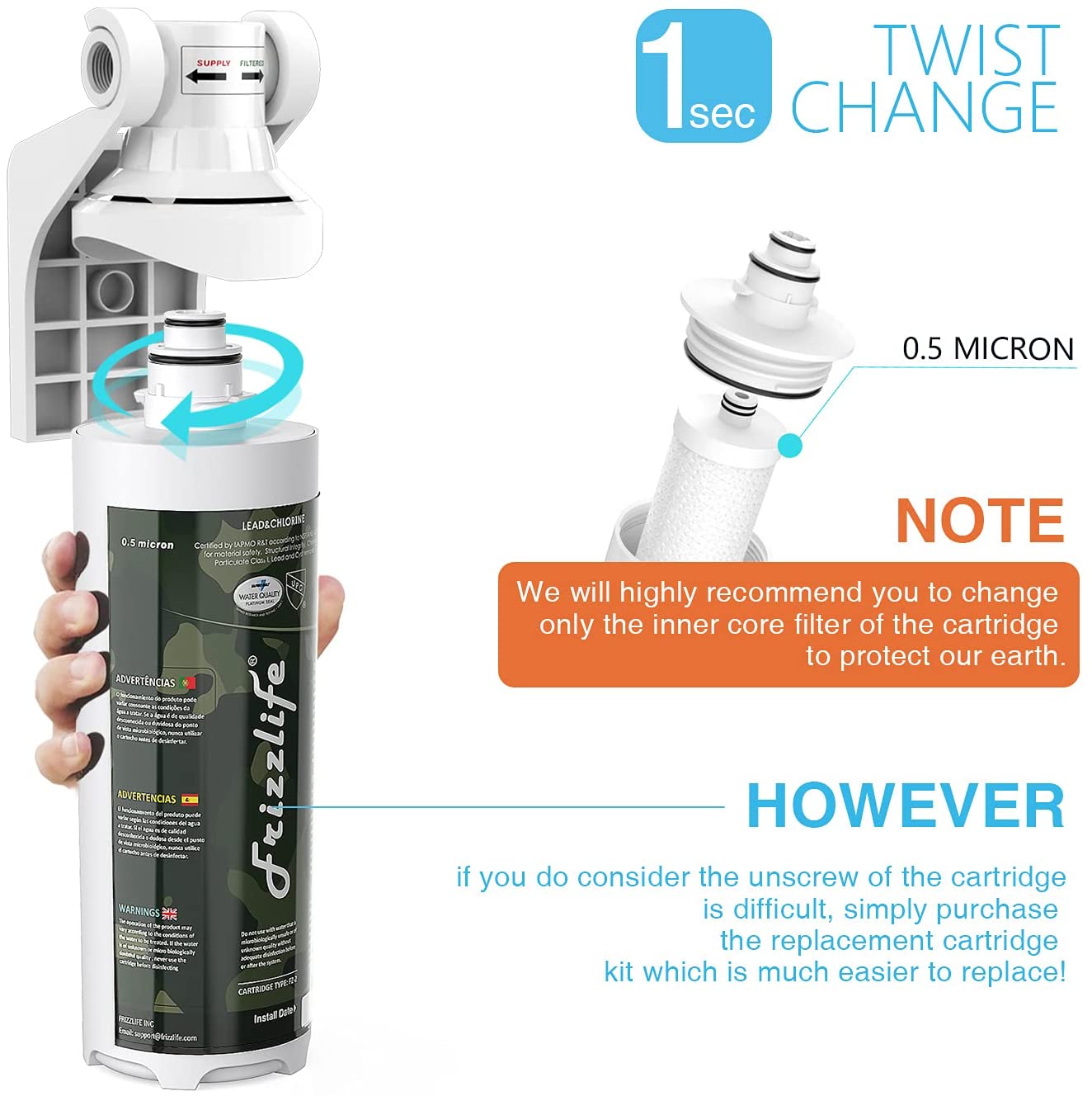 Frizzlife MV-HF Replacement Filter Cartridge Kit For MV99 - Includes Filter Cartridge and Filter Housing