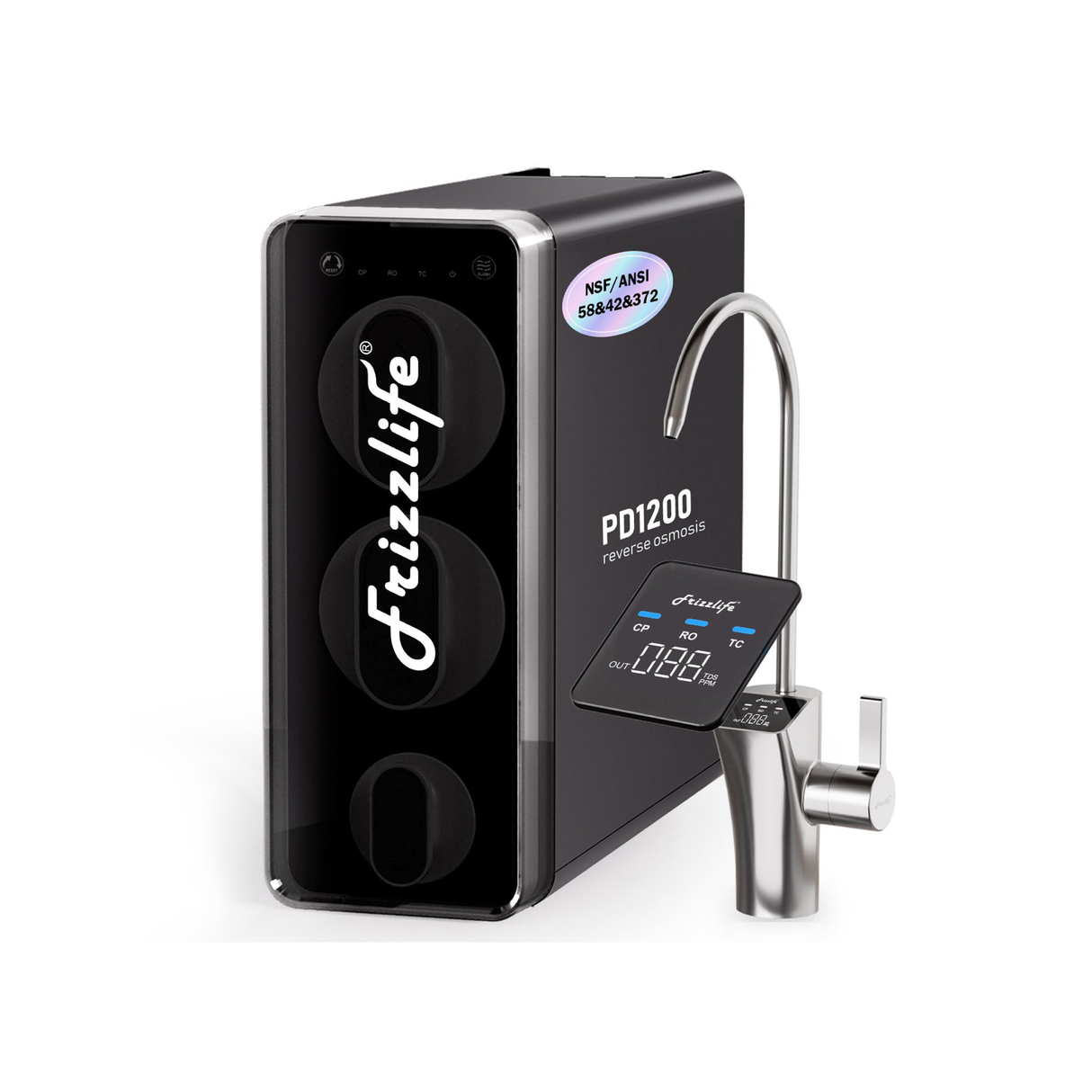 Frizzlife 1200GPD Reverse Osmosis Water Filter, NSF/ANSI 42&58&372 Standards, 11-Stage Tankless RO Water Filtration System, Under Sink, 3:1 Pure to Drain, Smart Faucet, Reduce PFAS, BPA Free, PD1200