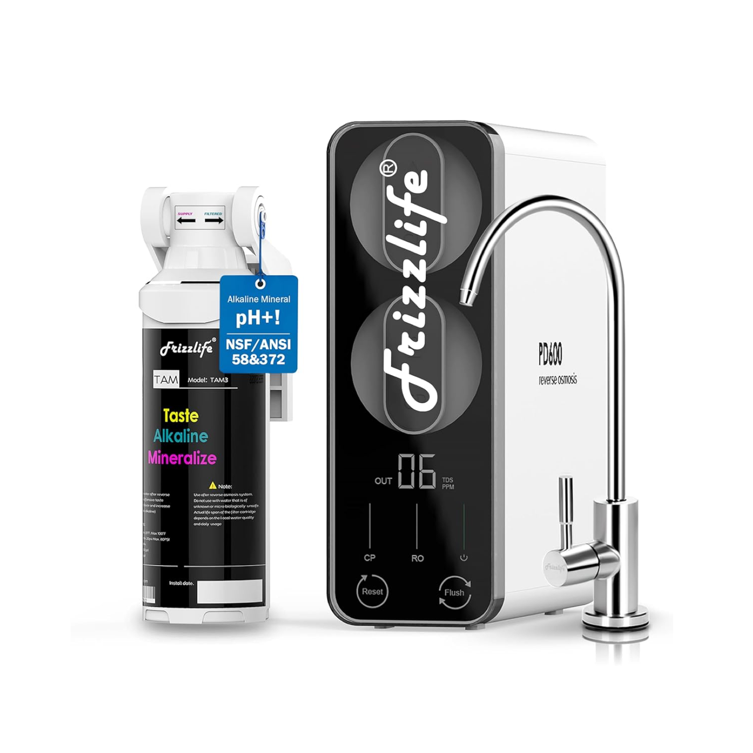 Frizzlife 600 GPD Tankloses Umkehrosmose-Wassersystem mit Alkali und Remineralisierung, PD600-TAM3
