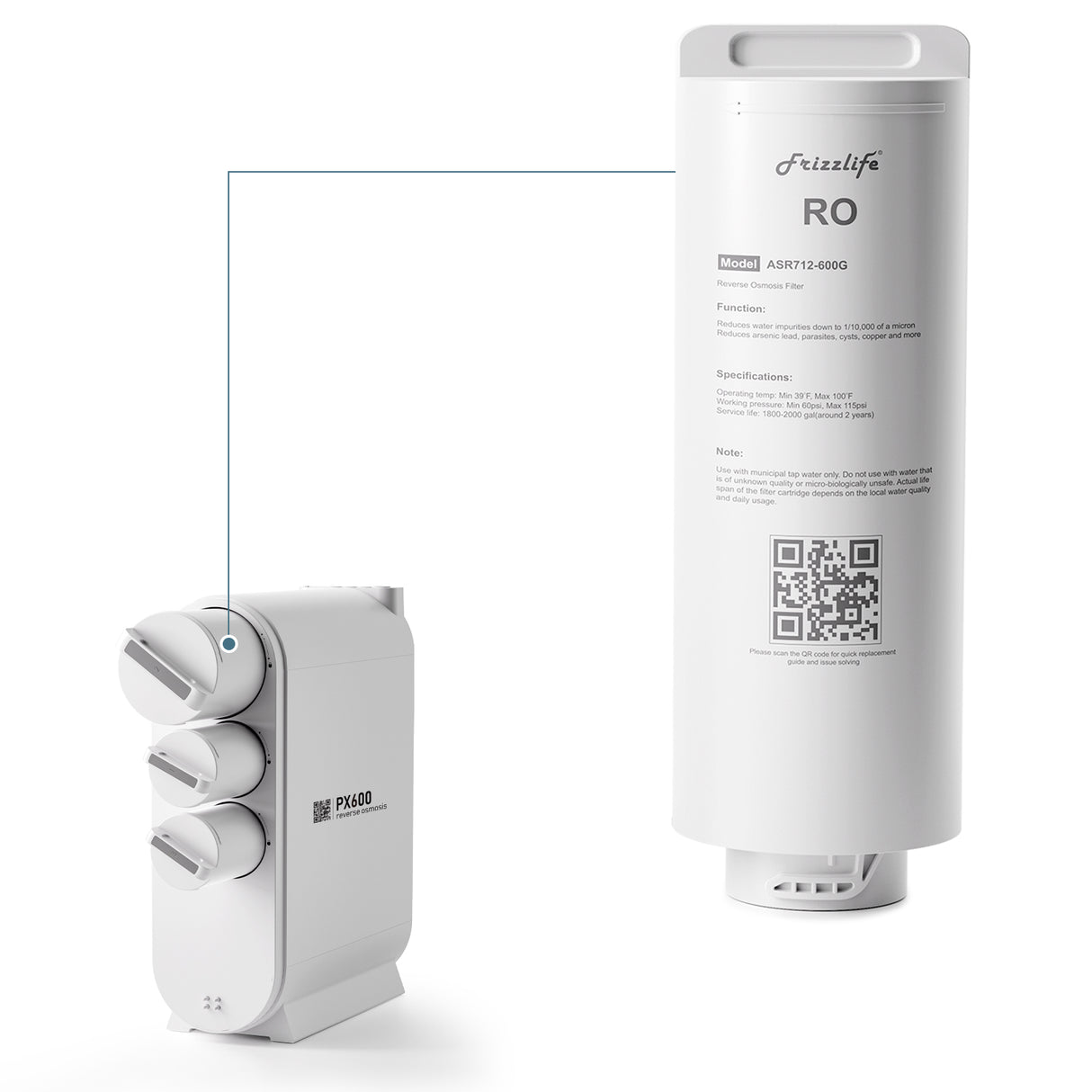 Cartouche filtrante de remplacement Frizzlife ASR712-600G pour système d'osmose inverse PX600 (2e étape)