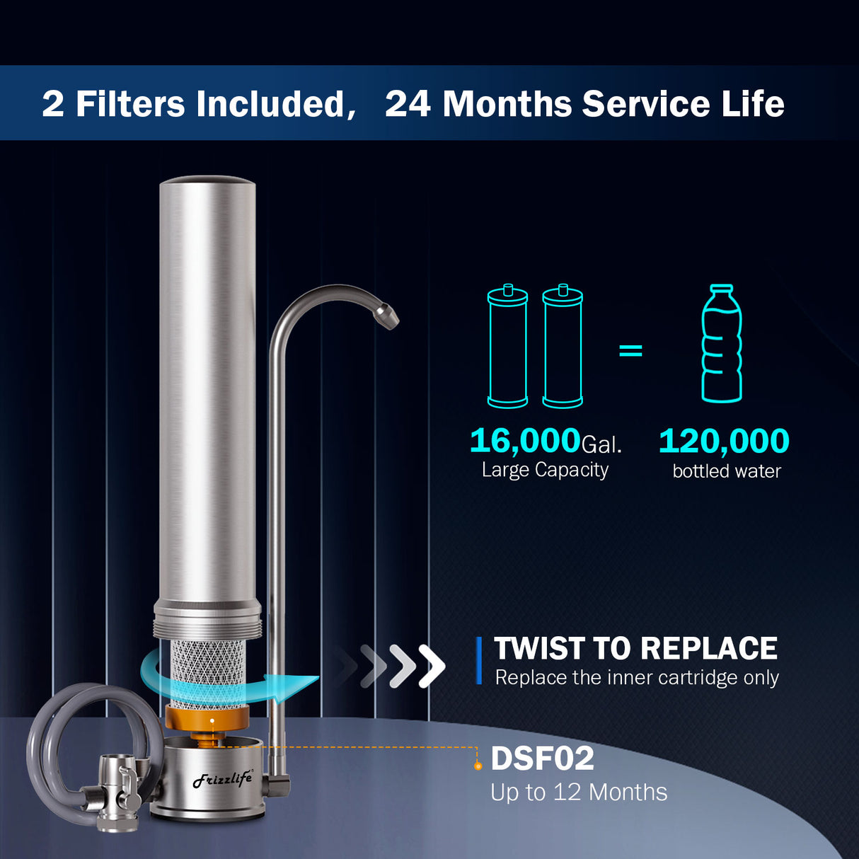 Frizzlife SS99 Auftisch-Wasserfiltersystem – Edelstahl-Wasserfilter für Wasserhähne, Filtert bis zu 8.000 Gallonen, 0,5 Mikron NSF-zertifizierte Elemente, reduziert 99,99 % Blei, Chlor, Schwermetalle, schlechten Geschmack und Geruch