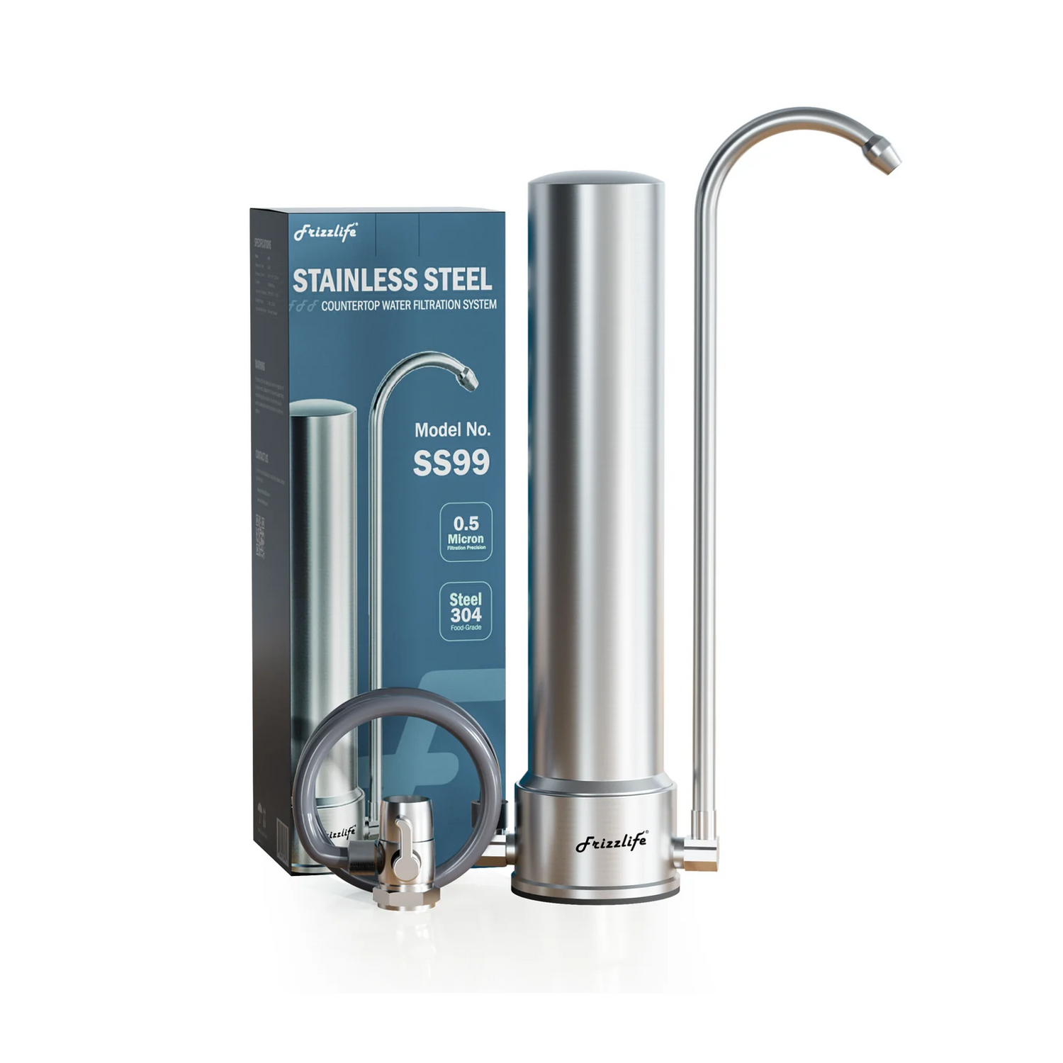 Sistema de filtro de agua para encimera Frizzlife SS99, de acero inoxidable, para grifos de 8000 galones, con elementos de 0,5 micrones con certificación NSF. Reduce el 99,99 % de plomo, cloro, metales pesados, mal sabor y olor.