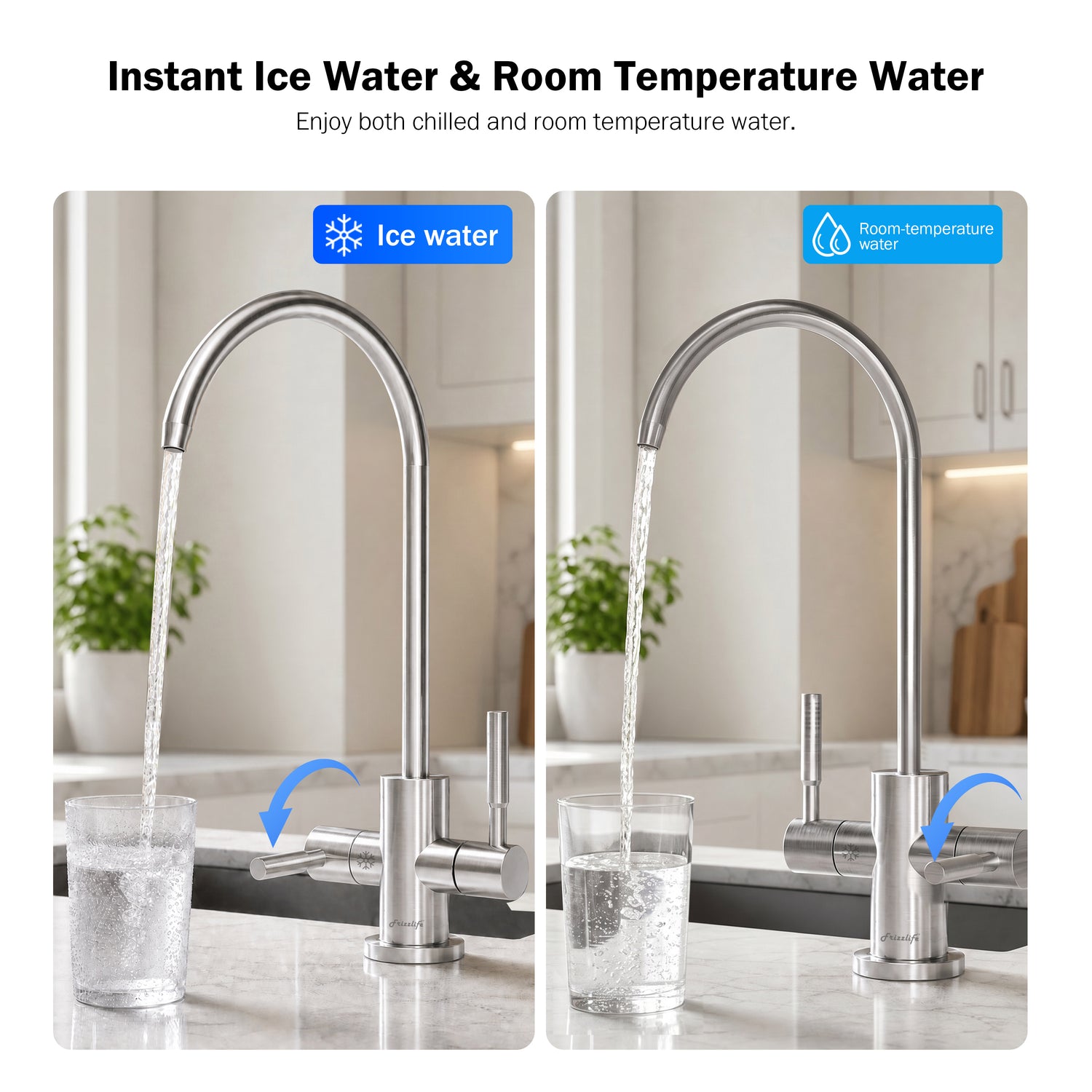 Frizzlife Universal Under Sink Chiller Cooling System for Water Filters | Cold & Room-temp Outlets Faucet, Compatible with Reverse Osmosis System & Under Sink Filter, 1/4” & 3/8” Quick Connect Set-Up