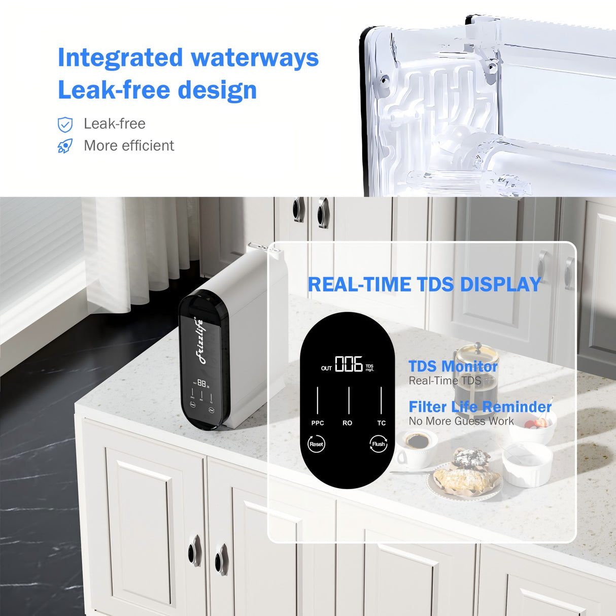 Système de filtration d'eau par osmose inverse Frizzlife - Filtre à eau RO sous évier à débit rapide 600 GPD, sans réservoir, réduit les TDS, 8 étapes, 1,5:1 pur à drainer, compact, PX600