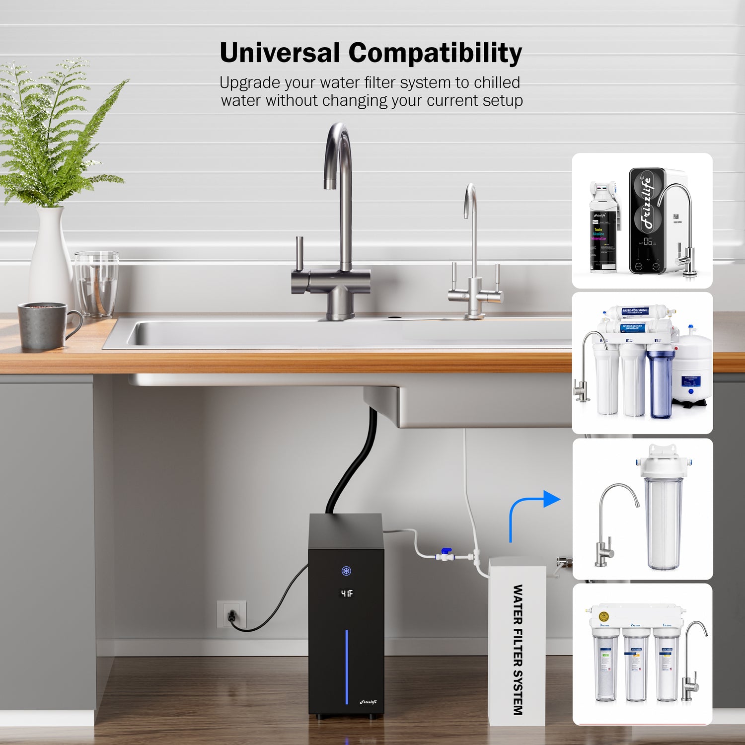 Frizzlife Universal Under Sink Chiller Cooling System for Water Filters | Cold & Room-temp Outlets Faucet, Compatible with Reverse Osmosis System & Under Sink Filter, 1/4” & 3/8” Quick Connect Set-Up