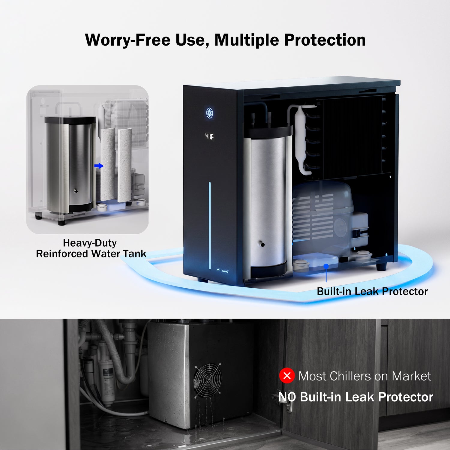 Frizzlife Universal Under Sink Chiller Cooling System for Water Filters | Cold & Room-temp Outlets Faucet, Compatible with Reverse Osmosis System & Under Sink Filter, 1/4” & 3/8” Quick Connect Set-Up