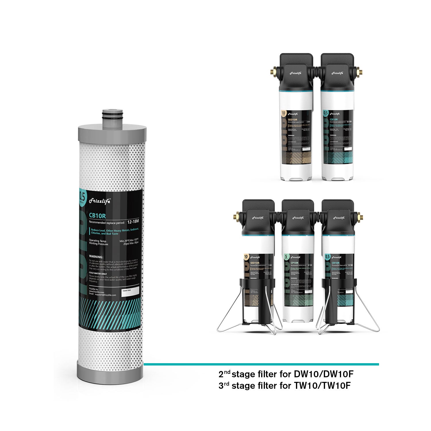 Frizzlife CB10R Cartouche filtrante de rechange pour filtres à eau sous évier DW10, DW10F, TW10, TW10F