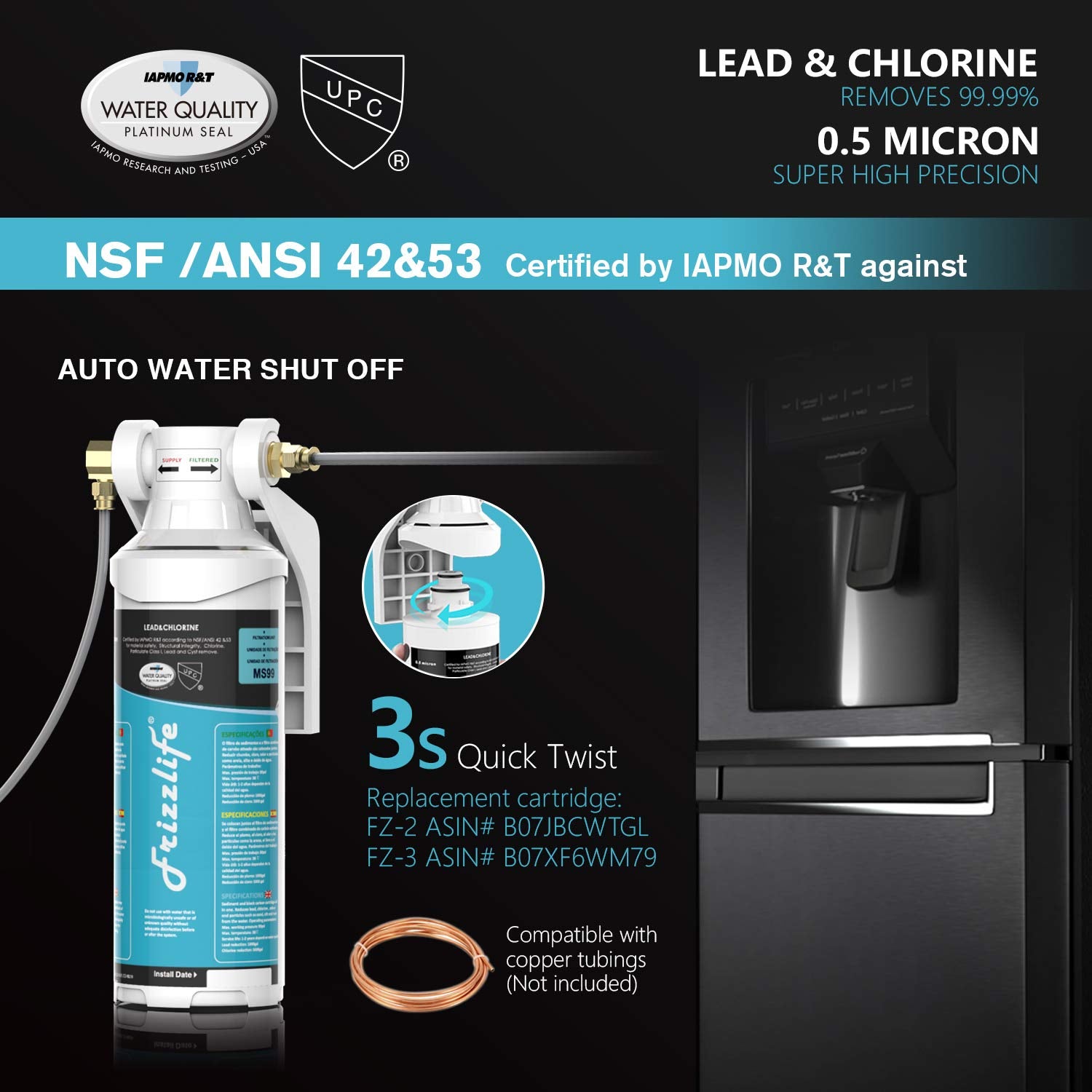 Sistema de filtro de agua en línea Frizzlife para refrigerador, máquina de hielo, debajo del fregadero, certificado de 0,5 micras, MS99