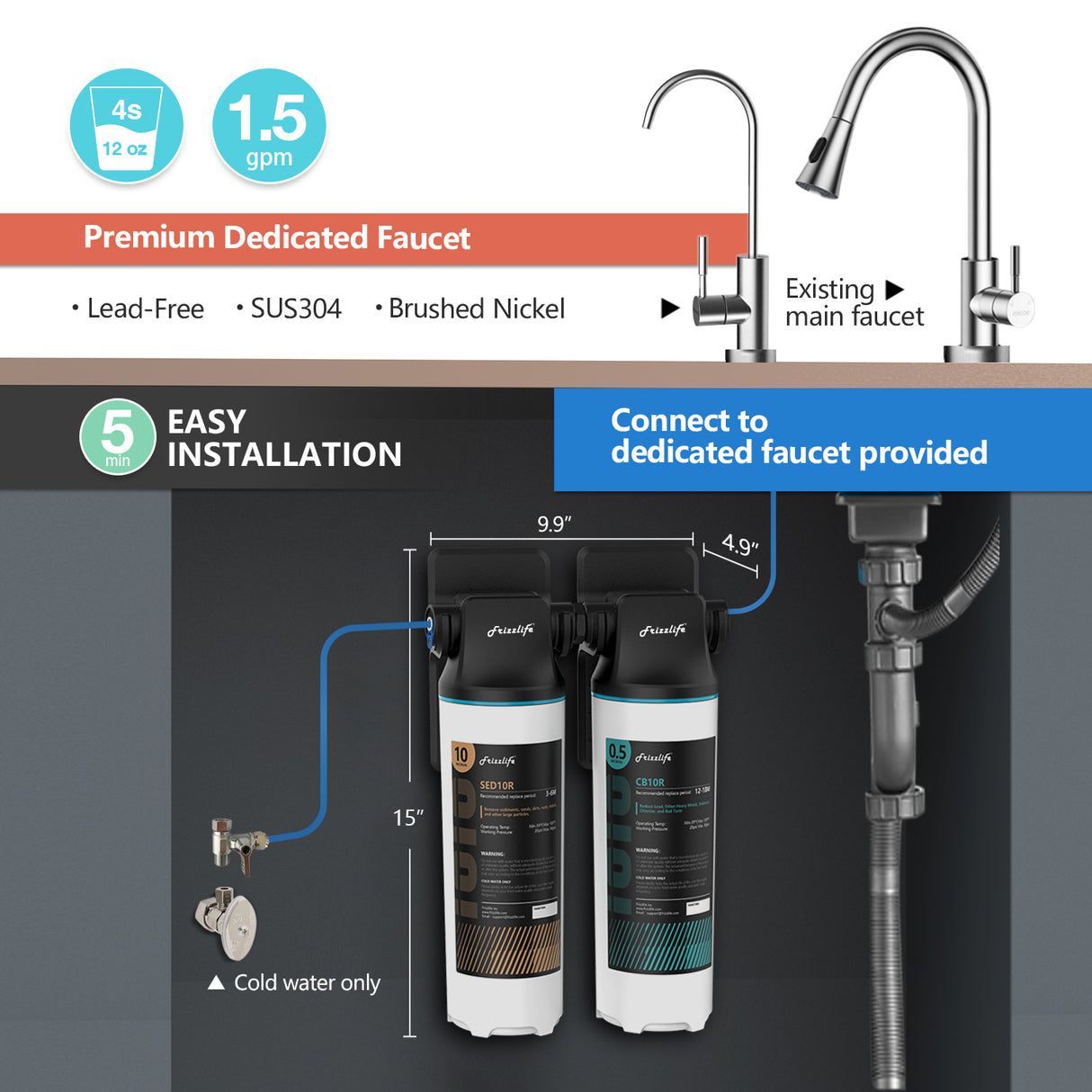 Système de filtration d'eau sous évier Frizzlife DW10F/DW15F avec robinet en nickel brossé, éléments certifiés NSF/ANSI 53 et 42