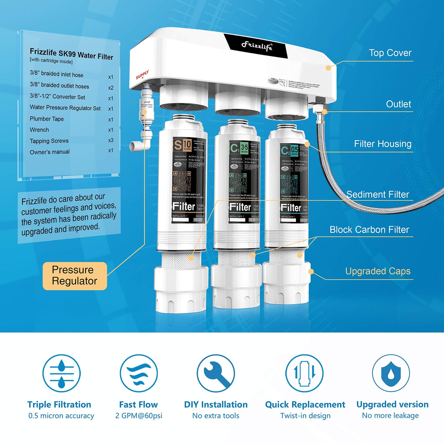 Frizzlife Sistema de filtro de agua debajo del fregadero de 3 etapas SK99-NEW, Conexión directa