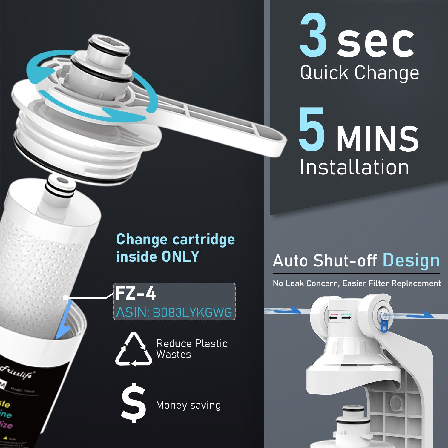 Frizzlife TAM3 Remineralización alcalina Filtro de agua debajo del fregadero - Filtro posterior de conexión rápida de 1/4