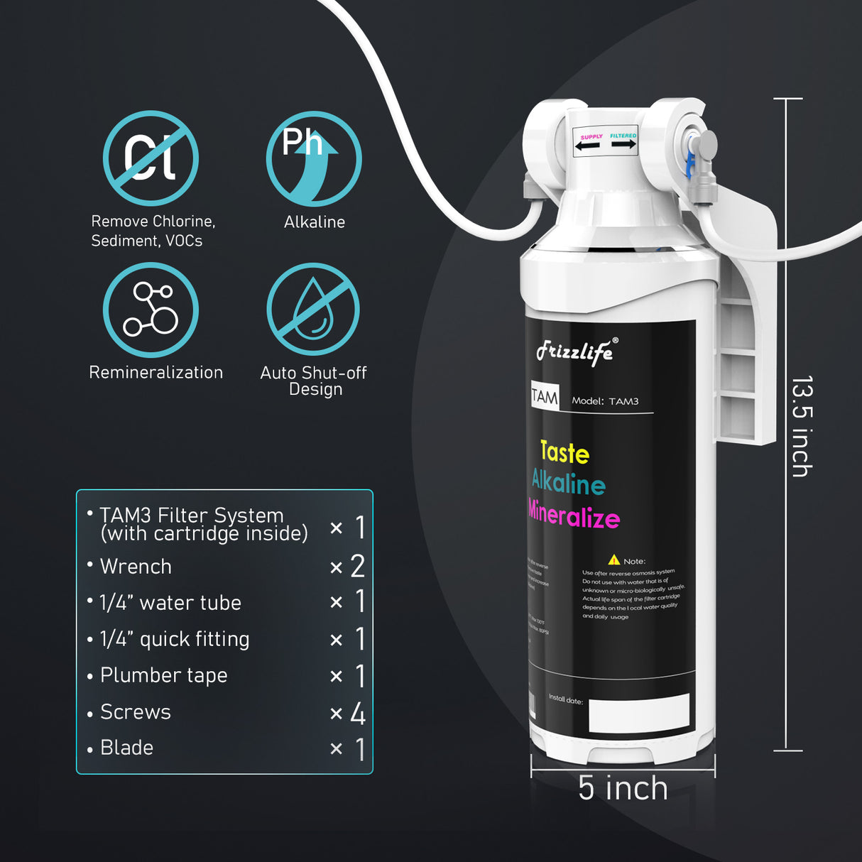 【Pre Order-US】Frizzlife TAM3 Alkaline Remineralization Under Sink Water Filter - 1/4” Quick Connect Post Filter for RO Reverse Osmosis Filter System