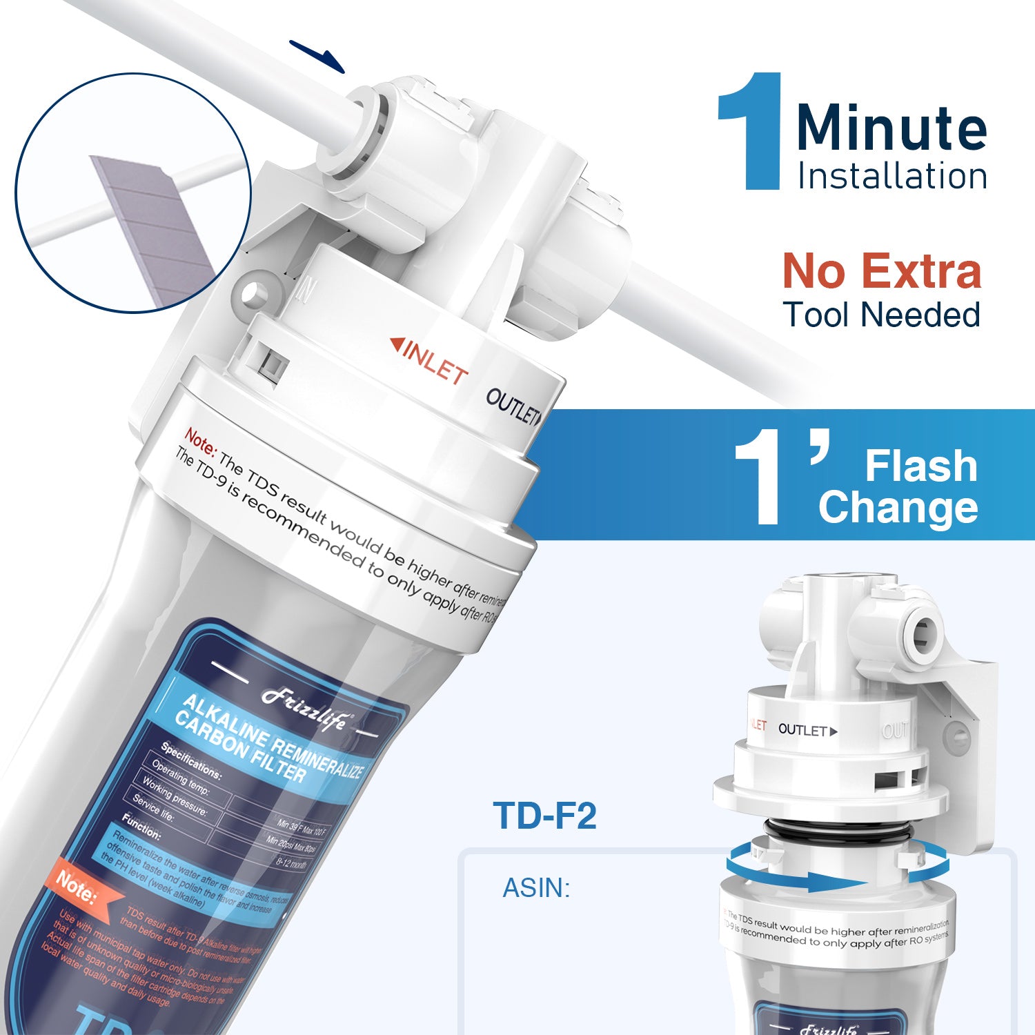 Frizzlife TD-9 reminéralisation alcaline sous évier filtre à eau en ligne – post-filtre pour système d'osmose inverse RO