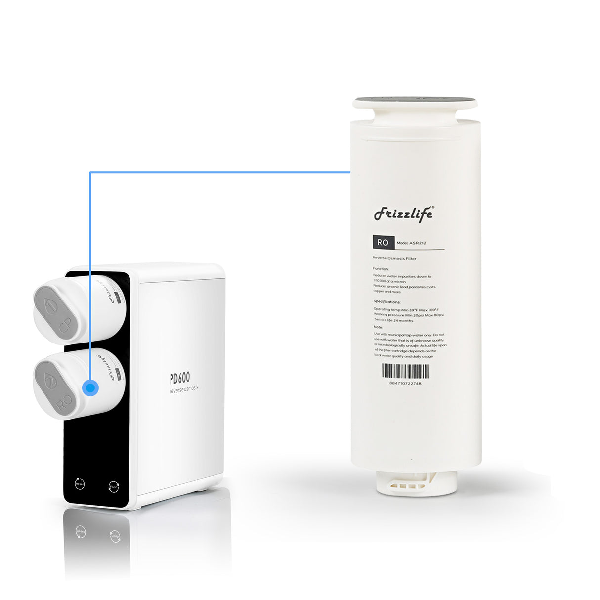 FRIZZLIFE ASR212-600G RO Cartouche filtrante de rechange pour système de filtre sous évier PD600 RO (2e étage)