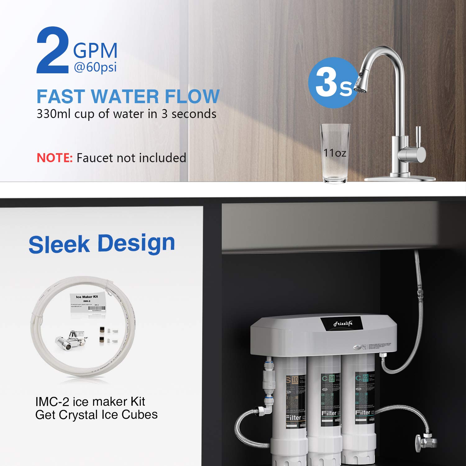 Frizzlife Sistema de filtro de agua debajo del fregadero de 3 etapas SK99-NEW, Conexión directa