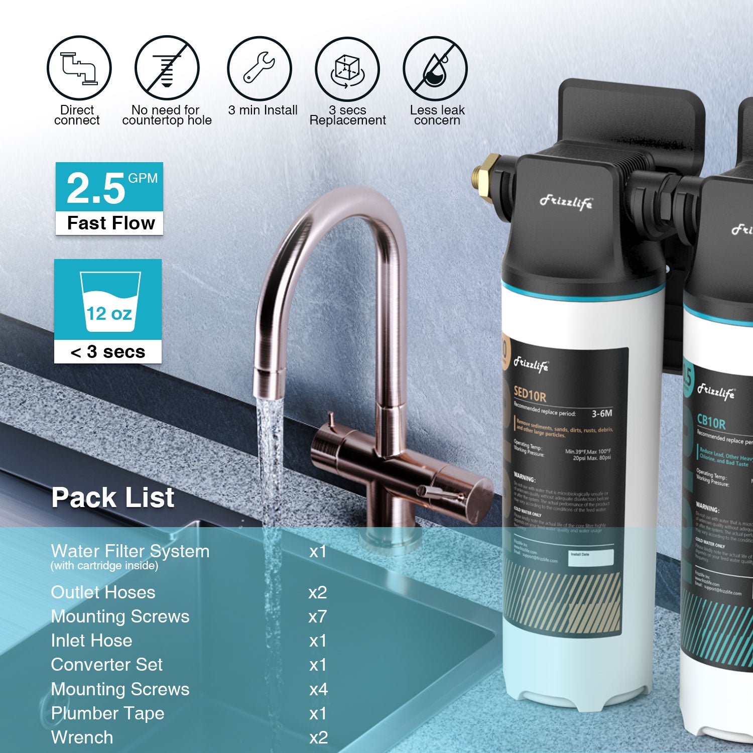 Système de filtration d'eau sous évier Frizzlife DW10/DW15, éléments certifiés NSF/ANSI 53 et 42, filtre à eau à connexion directe en 2 étapes