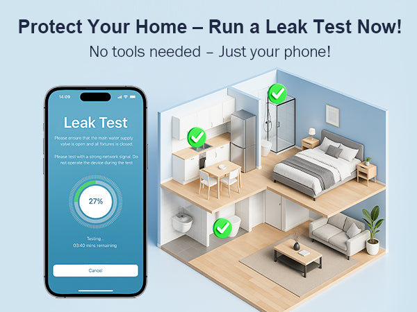 Frizzlife LP365 app leak test for reviewing unusual household water flow