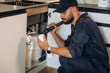 Technician inspecting an under-sink RO filter cartridge during routine replacement service.
