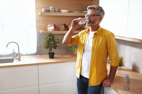Middle-aged man drinks fresh healthy mineralized alkaline water filtered by remineralization RO system in bright modern home kitchen.