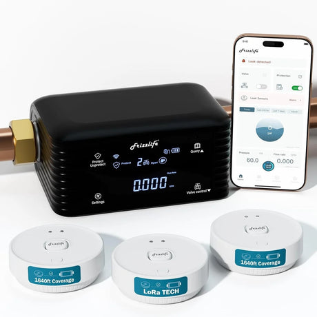 Water leak sensor placed on the floor of an under-sink kitchen cabinet