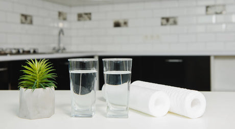 Two clear glasses of filtered water with replacement sediment filter cartridges on a kitchen counter.
