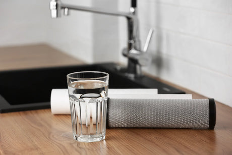 Clear glass of purified drinking water sits beside replacement filter cartridges for both countertop and under sink RO water purification systems.