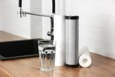 Replacement filter cartridges and a glass of water beside a modern kitchen sink.