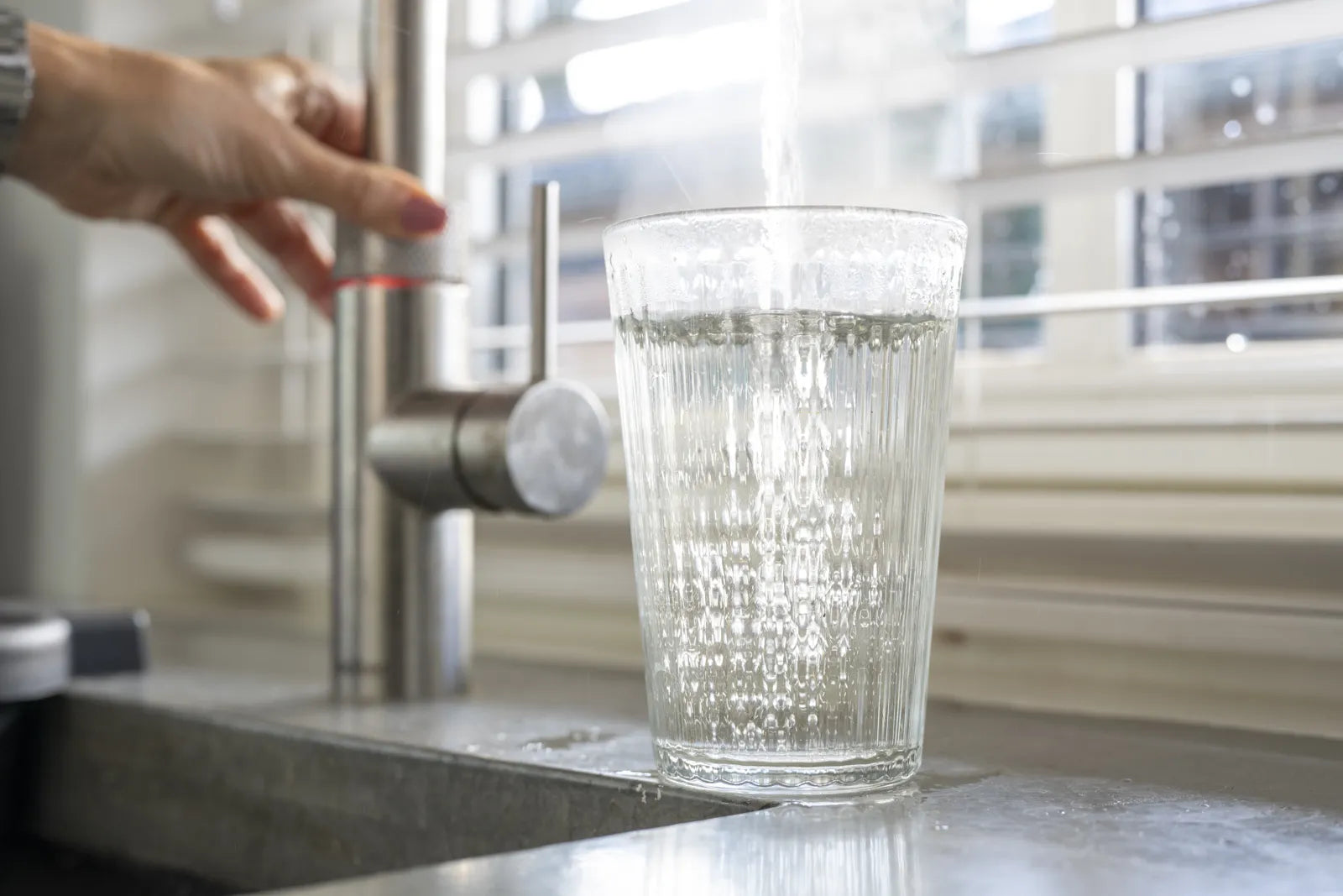 A person fills a glass with tap water, a potential source of fecal coliform contamination.