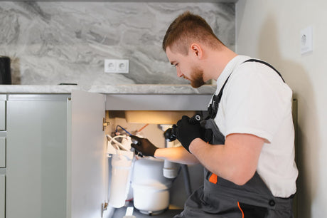 Technician inspecting an under-sink water filter system and its tubing connections