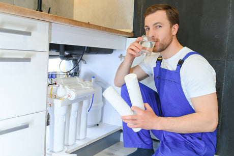 Technician drinking a glass of water beside an under-sink reverse osmosis system with replacement filters